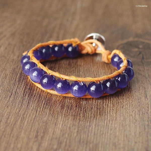Charm Bracelets 10mm Violet Opal Beads Wrap Leather Strand Stone Bracelet Bangle Handmade Boho Party Women Joias Gift
