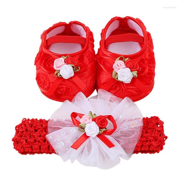 Sapatos First Walkers Born Baby Girls Sola Macia Berço com Flor Faixa Elástica Antiderrapante com Tiara Lembrancinhas de Chuveiro