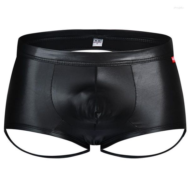 Cuecas masculinas gays sexy boxers boxers de couro falso cintura baixa cuecas U convexas calções de banho