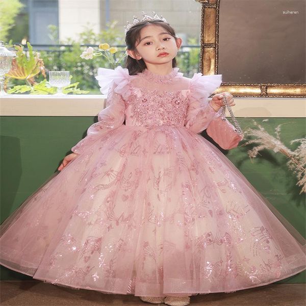 Abbigliamento etnico Ragazza Abito da sera in tulle con paillettes rosa a trapezio Costume per bambini Abito da festa di compleanno Abiti da principessa