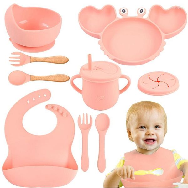 Set di stoviglie Ciotole per piatti per bambini Piatti e cucchiai Set di piatti per granchi Kawaii Ciotola per alimenti in silicone Stoviglie per bambini antiscivolo 9PCS