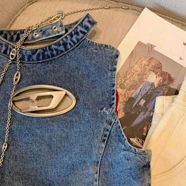 Senso de design Spice colete jeans feminino 2023 verão novo sexy sem costas marca de moda top sem mangas