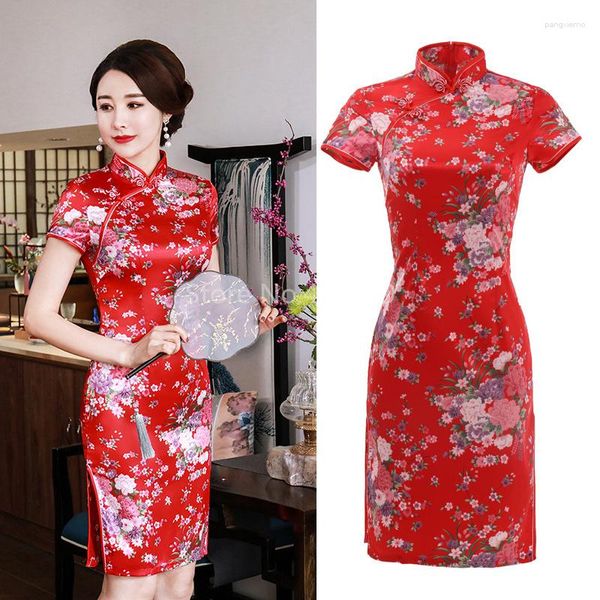 Vestuário étnico Estampa curta Flor Cheongsam Sexy Vestido Estilo Chinês Feminino Cetim Qipao Tradicional Gola Mandarim Vestidos Tang