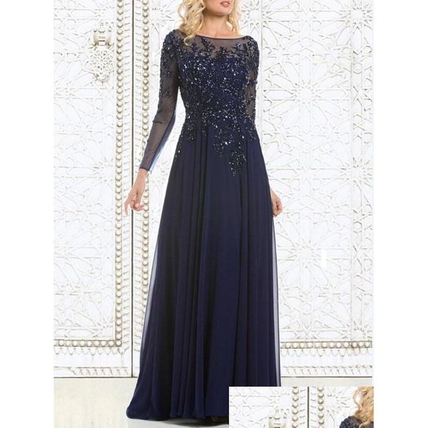 Vestidos para Mães Mais Vendidos Elegante Azul Marinho Mãe da Noiva Chiffon Transparente Manga Longa Decote Transparente Apliques Lantejoulas Eveni Dhl2N