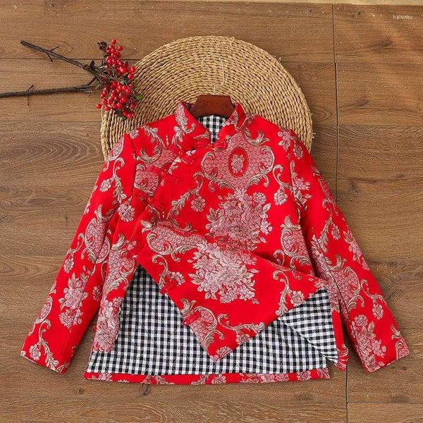 Roupas étnicas estilo chique de inverno para meninas, jaqueta cheongsam bordada com algodão engrossado e quente top chinês tang