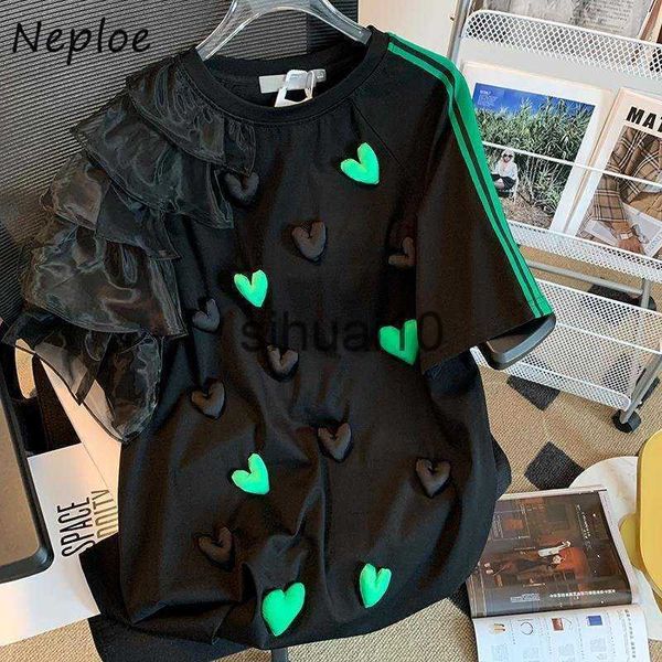 T-shirt da donna Neploe Premium T-shirt casual European 2023 Summer Splicing Top a manica corta Tridimensionale Love Decorative Garza Edge Tees J230627