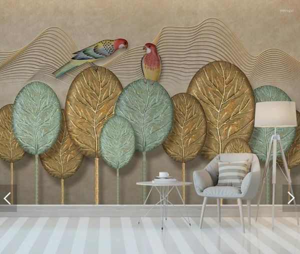 Duvar Kağıtları El Boyalı Altın Ağaç Yaprağı Papağan Duvar Kağıdı Duvar Duvar Dekor Kağıt Ruloları 3D Duvar Resimleri İletişim Özelleştir