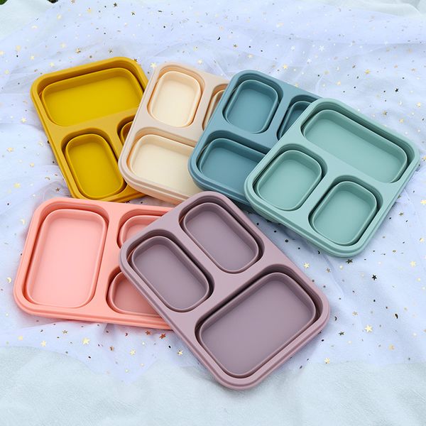 Lancheira Dobrável de Silicone para Crianças Forno de Microondas Bento Box Viagens Ao Ar Livre Portátil Retangular Recipiente de Armazenamento de Alimentos Louça