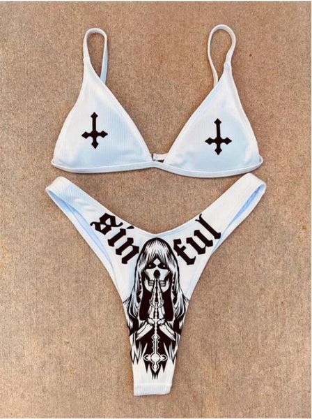 set sexy goth emo bikini da donna a doppio cranio con stampa bikini abito da bagno diviso ad abito da bagno ad alto contenuto di costume da bagno gotico