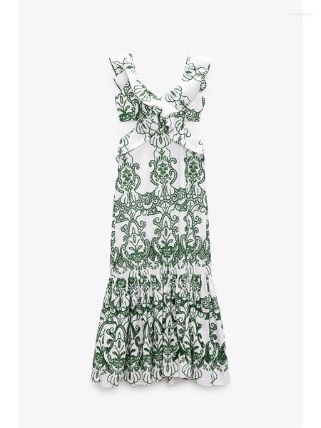 Повседневные платья Летняя мода женская ретро Sweet Resort Style Ruffle Trim V-образным вырезом Холтер Дизайн Многослойное длинное платье с панелью