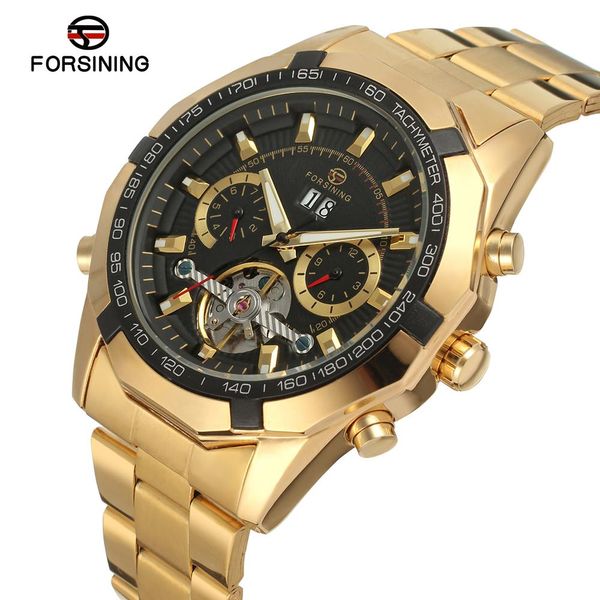 Uhren Forsining Mechanische Uhr Gear Runde automatische mechanische Uhr Gold Stahlarmband Uhr Armbanduhr