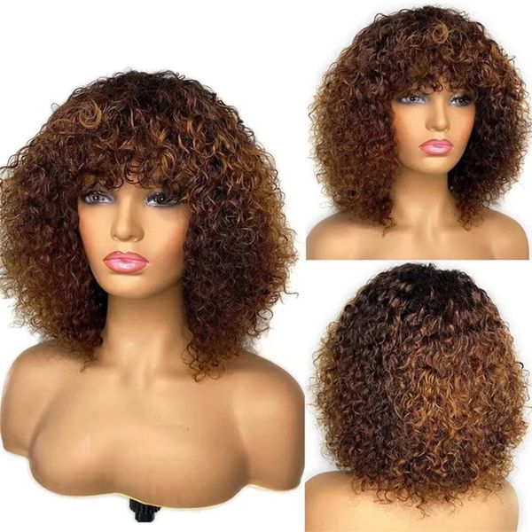 Highlight Menschliches Haar Perücken Für Frauen Afro Verworrene Lockige Perücken Mit Pony Ombre Farbige Lockige leimlose Perücke Kurze Brasilianische haar Perücken 210% desntiy