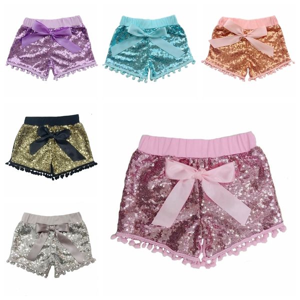 Shorts Meninas shorts de lantejoulas douradas de volta às aulas menina roupas de verão Sparkle crianças Glitter primeiro aniversário bebê Pompom 230626