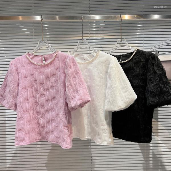 Blusas femininas de verão 2023 com decote em pérola e top de malha com camada dupla, camisa feminina de chiffon de manga curta para mulheres, blusa feminina de escritório