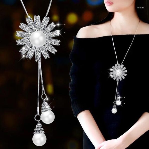 Anhänger Halsketten Romantische Imitation Perlen Halskette Silber Farbe Sonnenblume Frauen Gänseblümchen Mädchen Modeschmuck