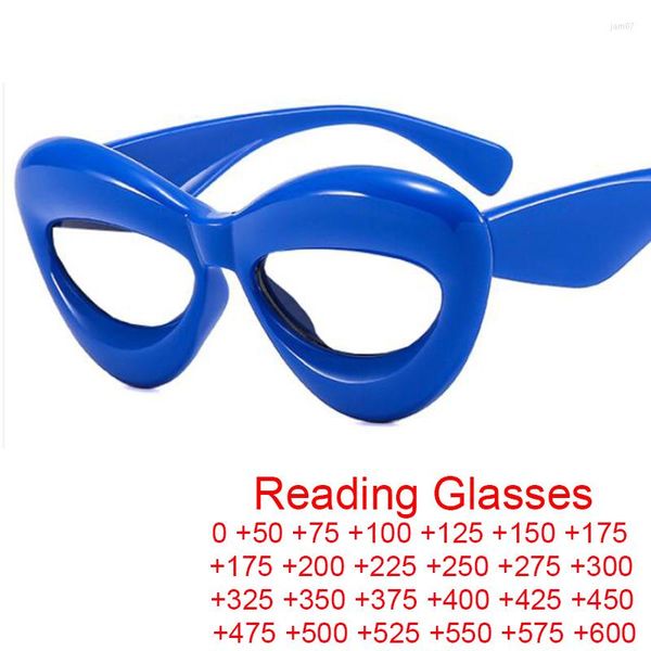Óculos de sol exclusivo Candy Color estilo labial Y2k Óculos de leitura feminino anti-azul luz armação olho de gato grosso 1,25