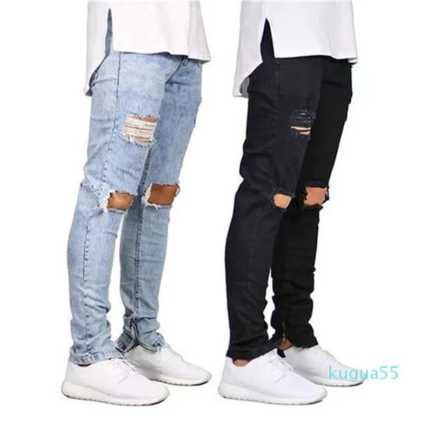 2023-Herren-Jeans, 2 Farben, lässig, Knieloch, Reißverschluss-Design, elastische Taille, Bleistift, Slim-Fit, modisch, urbaner Wind-Stil, coole Hose