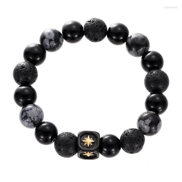 Strand Nickel Free Natural Black Agate Lava Alabaster Round Beads Квадратный браслет из нержавеющей стали для модных мужчин