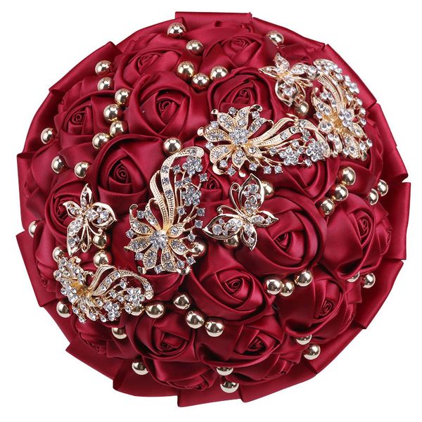 Coroas de flores decorativas buquês de noiva e dama de honra strass vermelho vinho fita pérola rosa buquê de casamento suprimentos W306 230626