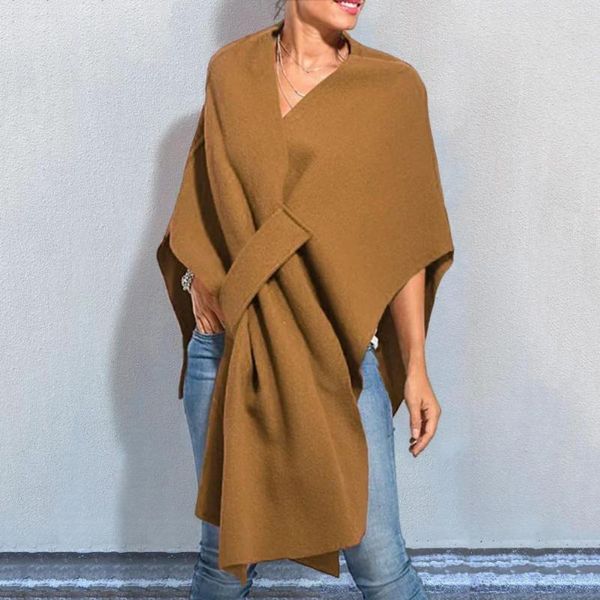 Schals Frauen Cape-Mantel V-ausschnitt Einfarbig Batwing Ärmeln Lose Unregelmäßige Warm Halten Gestrickte Drei Viertel Schal Für Dating