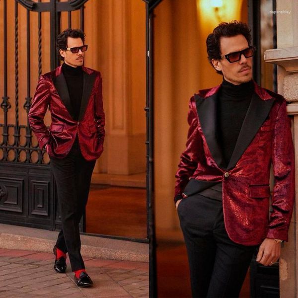 Abiti da uomo Giacche da uomo Borgogna Abito da uomo Su misura 2 pezzi Paillettes Moda moderna Matrimonio Affari Causale Prom Cappotto con un bottone