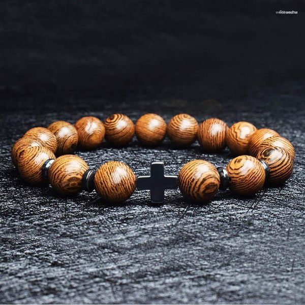 Pulseiras masculinas de contas de madeira natural, cruz, ônix, contas de oração, pulseira feminina, joias de madeira, yoga, homem