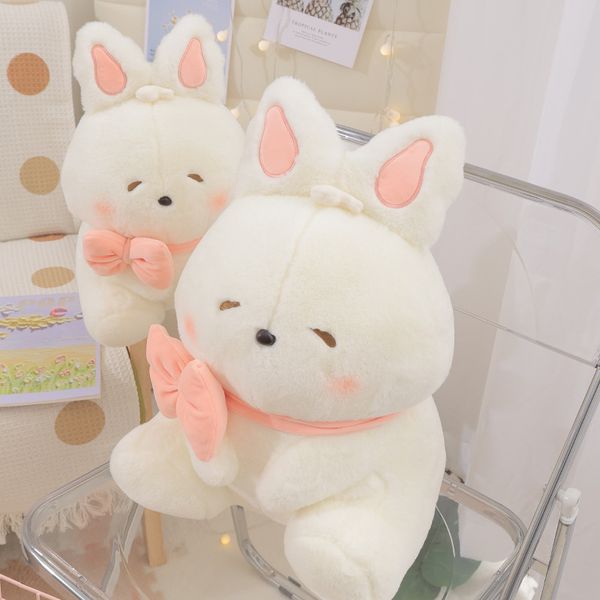 Arco bonito pequeno coelho branco brinquedo de pelúcia animal dos desenhos animados boneca coelho jogo infantil companheiro de férias presente de feriado decoração do quarto sofá almofadas atacado