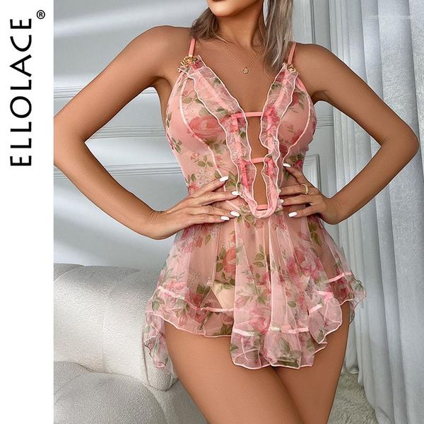 Damen-Nachtwäsche, Ellolace, durchsichtiges Nachtkleid, unzensiertes Babydoll mit Blumendruck, transparente Dessous ohne Zensur, durchsichtig, sexy