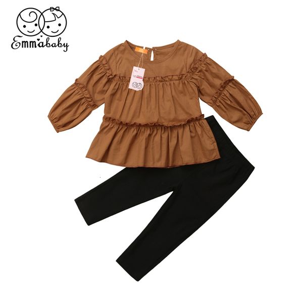 Conjuntos de roupas outono menina conjunto de roupas 2 pçs 1 6 t criança criança bebê babado camiseta plissada top blusa skinny legging calcinha calça roupa 230626