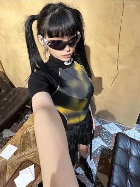 Camisetas femininas Deeptown Cyber Y2K Harajuku Graphic Women Vintage Techwear Slim Manga Curta Tee Grunge Gola Alta Tops Kpop Streetwear