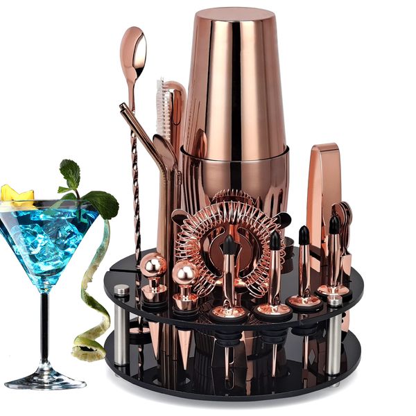 Conjunto de coqueteleira de ouro rosa com 20 peças, kit de bartender com suporte giratório de acrílico para bebidas mistas Martini Home 230627