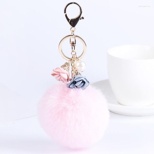 Portachiavi Moda Hairball Imitazione Perle Tessuto Fiore Peluche Portachiavi in metallo Borsa per auto Ornamenti Gingillo Regalo Donna Portachiavi Ragazza Gioielli