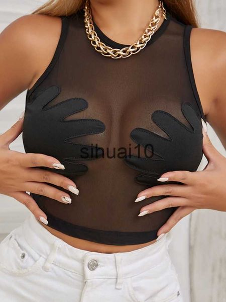 Kadın T-Shirt Kolsuz Seksi Tank Top Kadın Giyim See Through Y2k Aksesuarları O-Boyun Avuç İçi Sevimli Mini T-Shirt Mesh Siyah Ropa De Mujer J230627