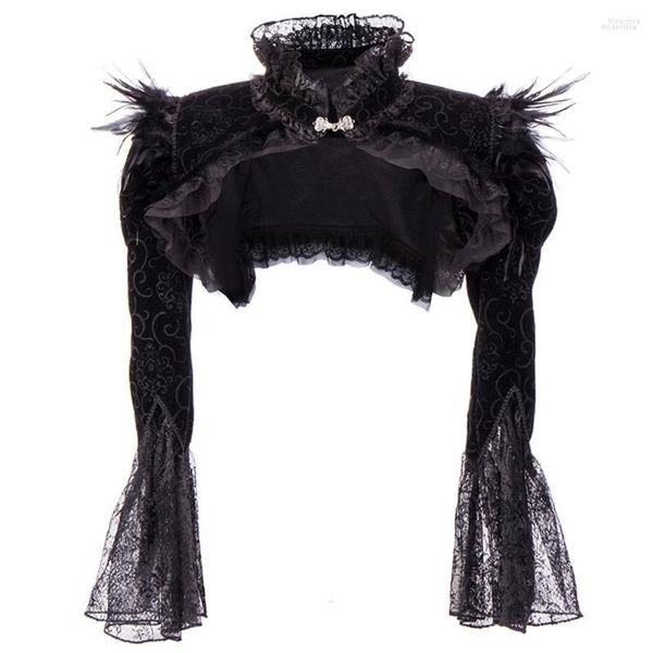 Jaquetas femininas gótico preto top para mulheres sem mangas colete xale jaqueta pena colarinho trompete manga fina real