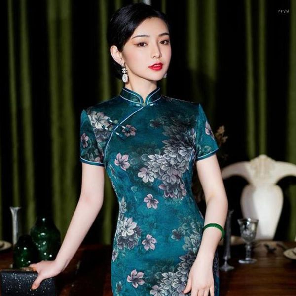 Ethnische Kleidung Chinesisches Cheongsam Qipao Damenkleid Schlank Vintage Retro Elegante Brautkleider Blumendruck Grün Kurzarm