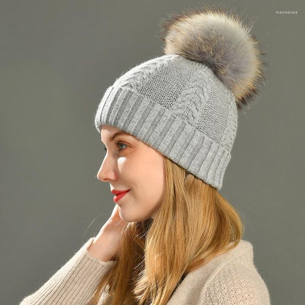 Berretti MAOMAOFUR Cappello invernale con pon pon in vera pelliccia di procione Cappello lavorato a maglia in lana da donna con grande berretto con pompon soffice