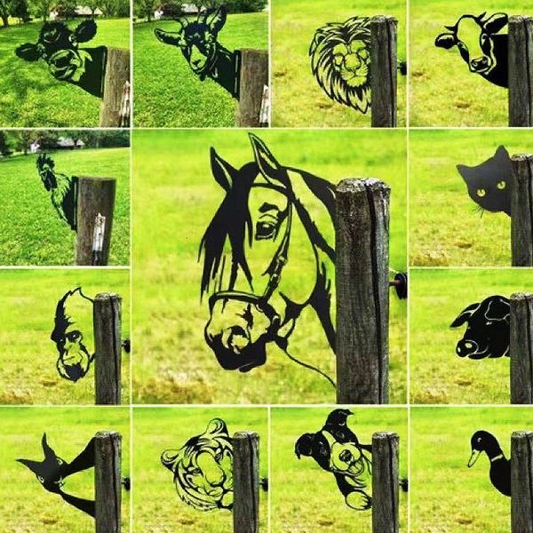 Decorações de jardim Estação independente Decoração de jardim ao ar livre Peeking Vaca Cavalo Ovelha Galinha Cão Metal Ferro Arte Decoração Decoração de casa 230626