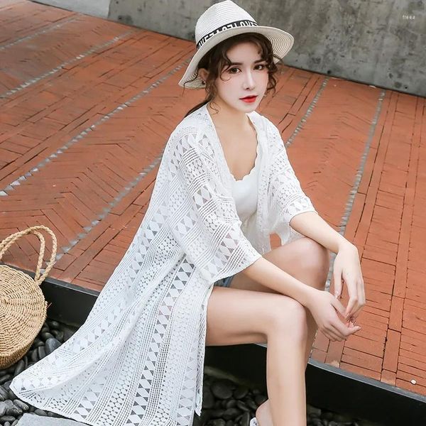 Damenjacken Weiße Sonnenschutzkleidung Frauen Mode Spitze Mittellange Tops Weibliche 2023 Sommer Koreanischer Schal Dünne aushöhlen Strickjacke Mantel