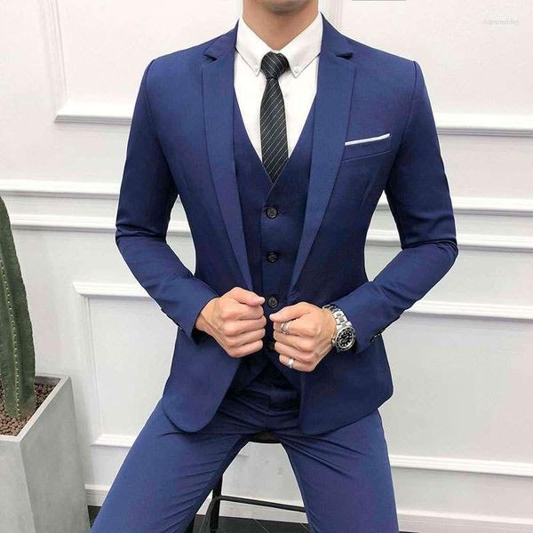 Мужские костюмы Мужской костюм 2023 Homme Blue Suit Men Custom Korean Slim Men's Jacket 3 Pieces Dress (Jet Jacket Pants Vest)