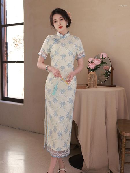 Abbigliamento etnico Costumi donna Colletto alla coreana moderna Qipao Moda migliorata Cheongsam Abito vintage a maniche corte con stampa floreale blu