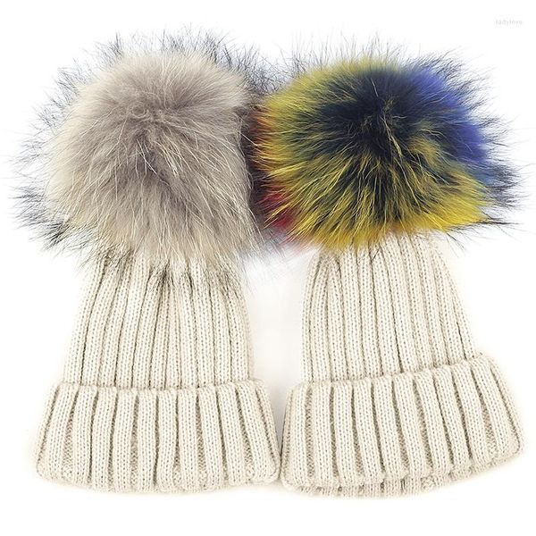 Berets Kinder gestrickte gerippte Beanie-Mütze Winter Herbst Mützen für Kinder warme Mädchen Jungen Baumwolle Unisex Schädelkappe mit echtem Fell Pompon