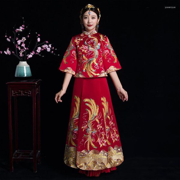 Ethnische Kleidung, Hochzeitskleid, Retro-Stehkragen, Dreiviertelärmel, Qipao, chinesischer traditioneller Tang-Anzug, Xiuhe Damen-Verlobung