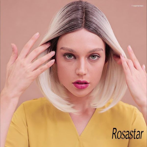 Synthetische Perücken ROSA STAR Hochwertige kurze Ombre Platinblond mit Mittelteil BoBo Natual hitzebeständige Faser für Frauen