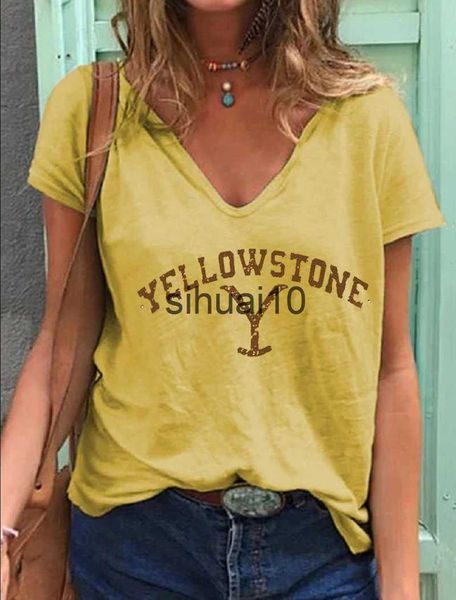 T-Shirt Feminina YELLOWSTON Tops Feminino Casual Algodão Decote em V Sem Manga T-shirt Feminina Feminina Solta Estampada Femal Roupas Sexy Mujer Camisetas J230627