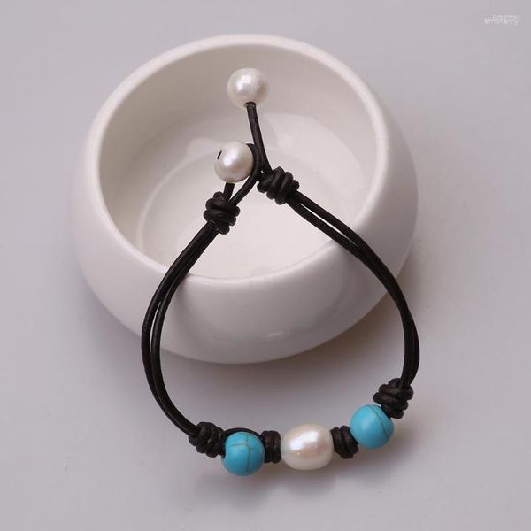 Strand Blue Stones Pulseira Pérolas Reais Bangles Para Mulheres Cordão De Couro Genuíno Jóias Feito à Mão Meninas Drop