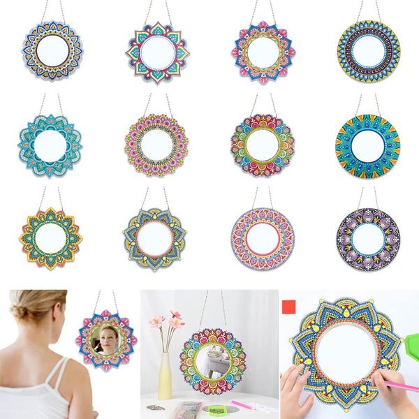 Spiegel DIY Diamant Malerei Spiegel Mandala Muster Strass Stickerei Mosaik Make-up Spiegel Wandbehang Ornament Dekor Geschenk für Mädchen