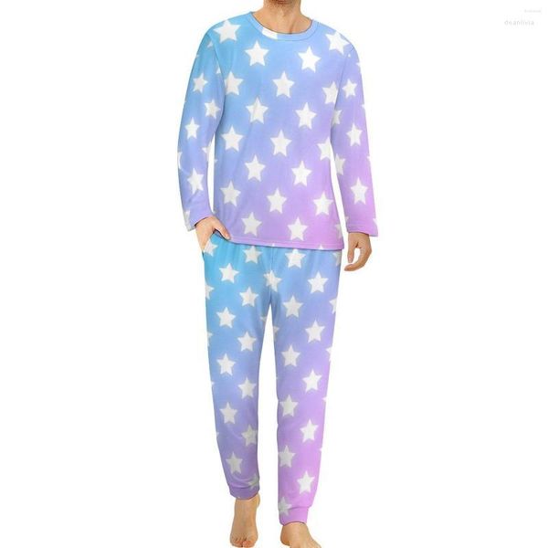 Roupa de dormir masculina branca estampada de estrelas pijama masculino colorido de manga longa Kawaii conjuntos de pijama 2 peças casual outono ideia de presente personalizado