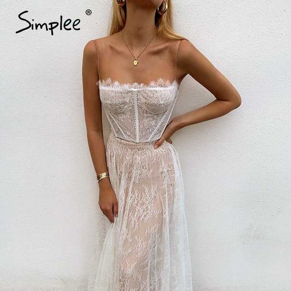 Sexy weiße Spitze Sommer Frauen Maxi Kleider Strand Spaghetti Strap rückenfrei plus Größe Mesh Femme lange Vestidos 210611