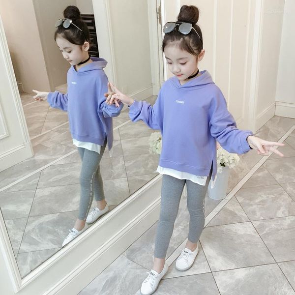 Set di abbigliamento 2023 Adolescente Autunno Inverno Vestiti per ragazze Tuta Pullover Maglione Felpa con cappuccio Maglietta Grigio Legging 4 5 6 7 8 9 10 12 anni