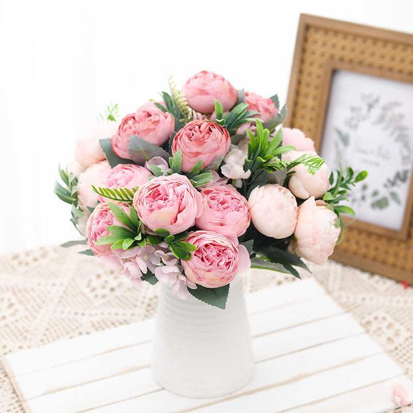 Getrocknete Blumen, schöne Pfingstrose, künstlicher großer Blumenstrauß aus Seide, für Zuhause, Hochzeit, Dekoration, Innenbereich, luxuriöses gefälschtes Blumenarrangement, Bulk